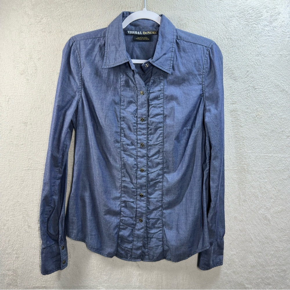 Tribal Denim Shirt Women’s M Chambray Snap Button Front Western Top Cowgirl